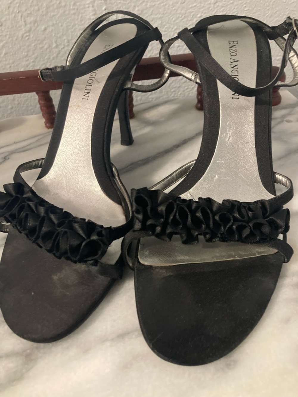 Enzo Angiolini Black Ruffle Open-Toe Ankle Strap Heels
